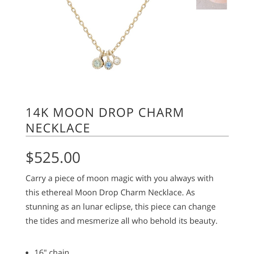 14K Gold Moon Drop Charm Necklace – Green Sapphire, Aquamarine & Diamond - Picture 2 of 3